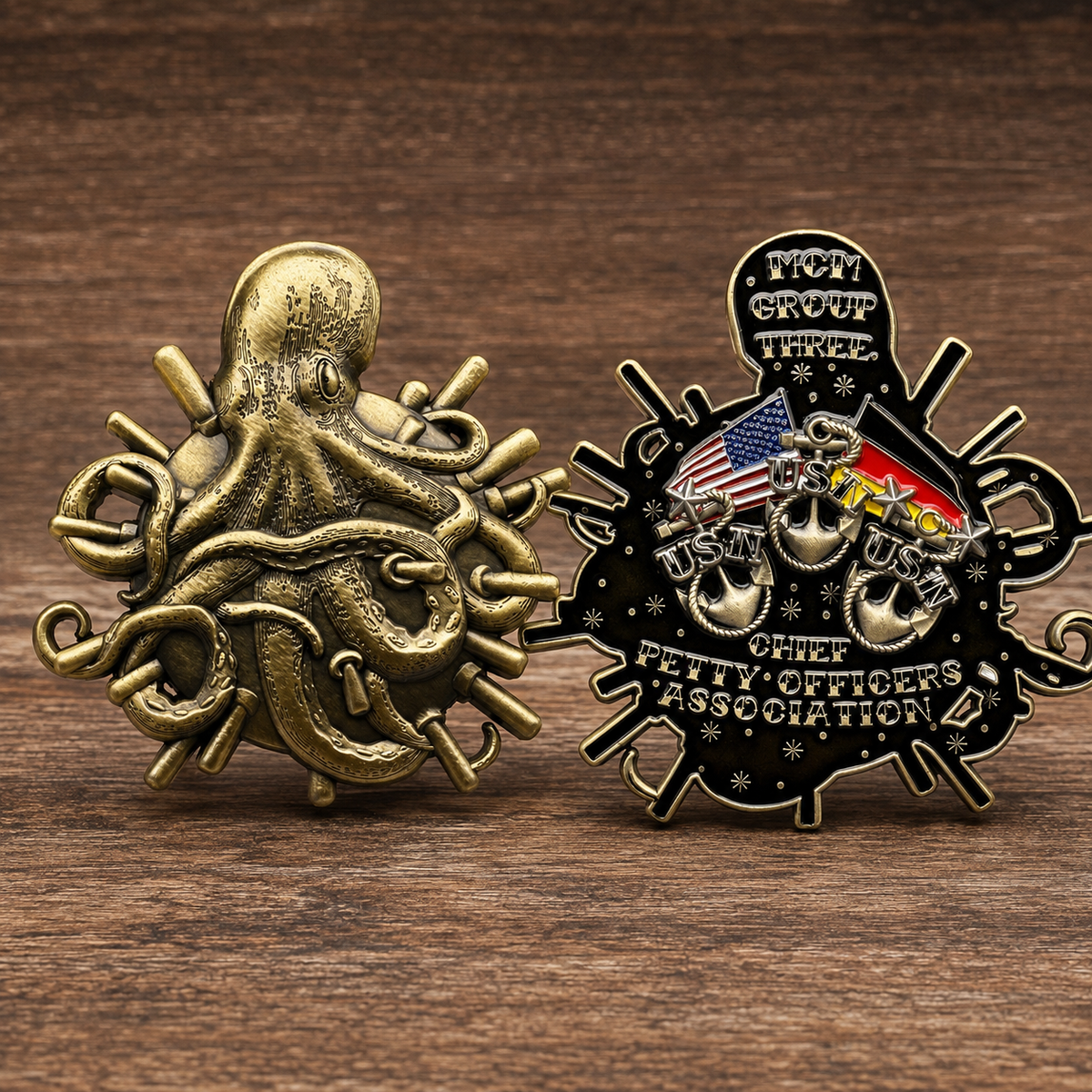 Front and back of a custom octopus-shaped challenge coin
