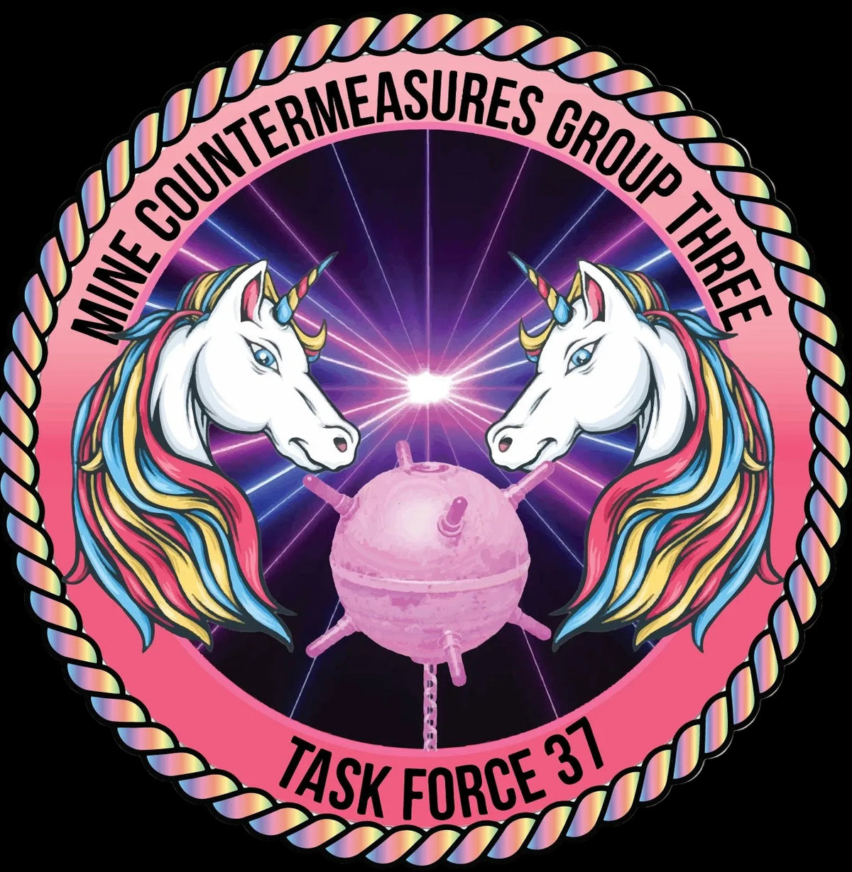 Custom Mine Countermeasures Group Three insignia artwork with unicorns and a naval mine