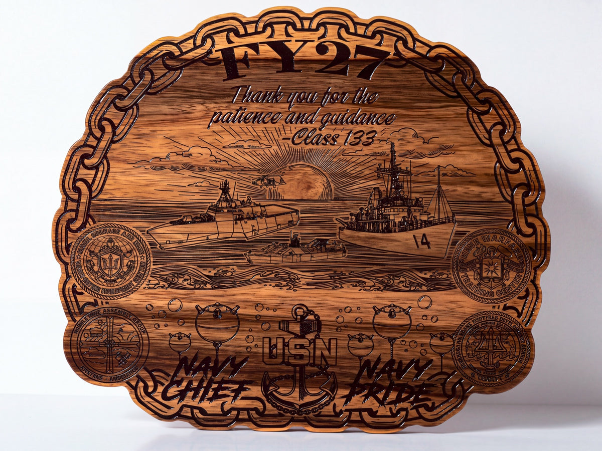 Custom engraved Navy Chief season thank-you plaque, front view